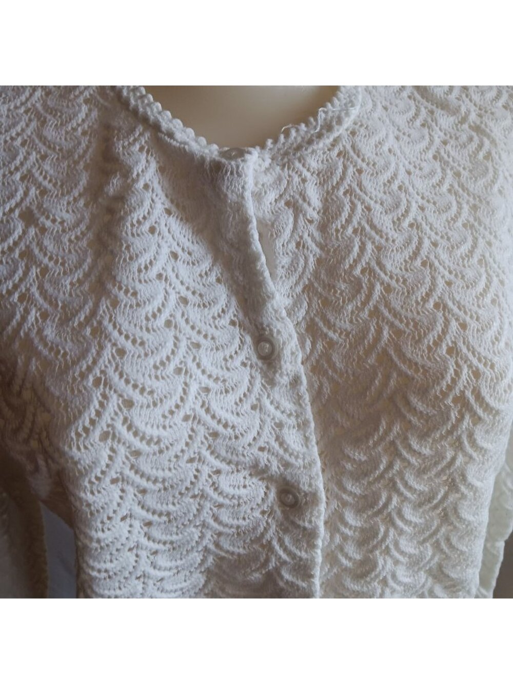 True Vintage Cardigan Sweater Medium 1960's White Lace Knit Button-Up Japan